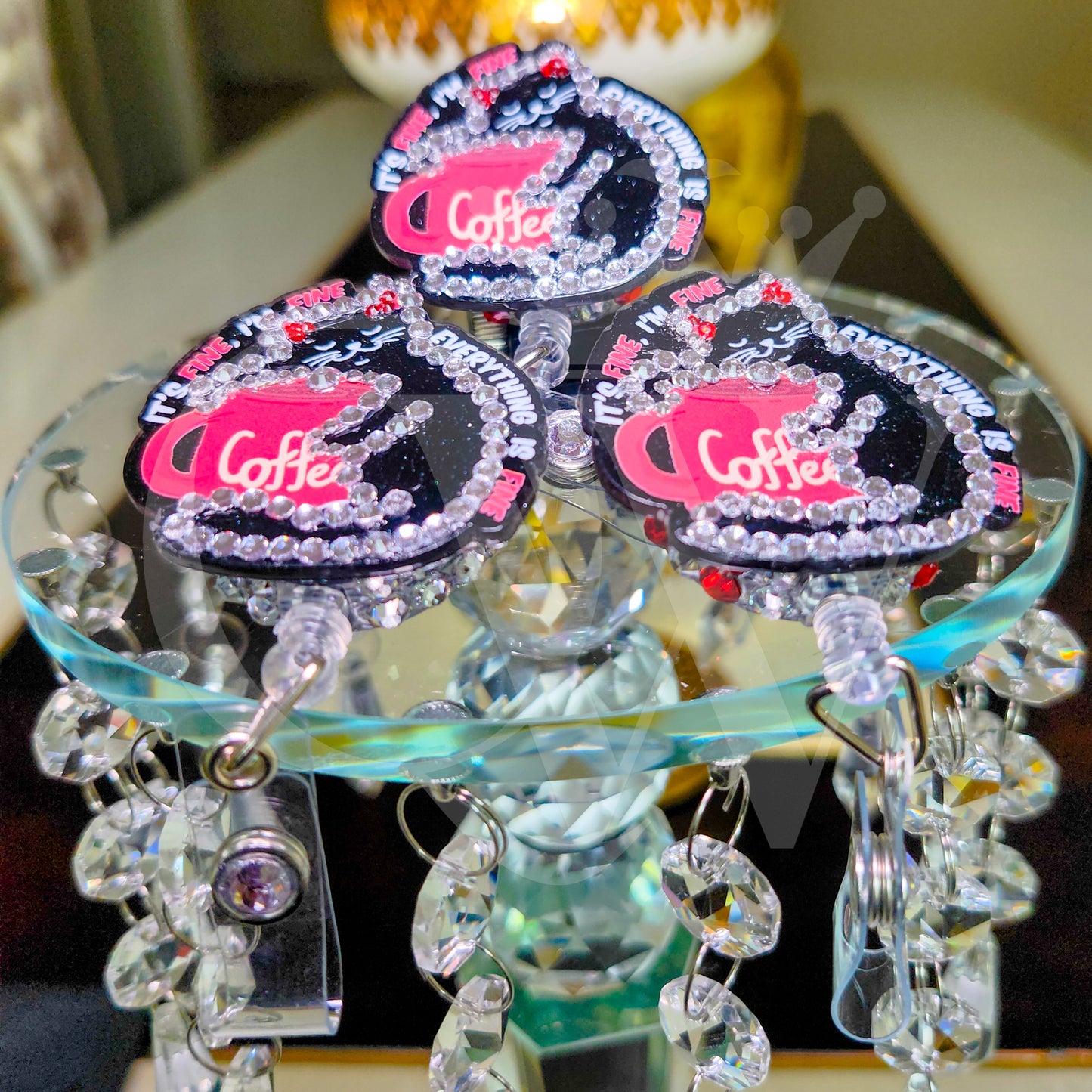 "It's Fine, I'm Fine, Everything is Fine"- Coffee Cat Rhinestone Badge Holder