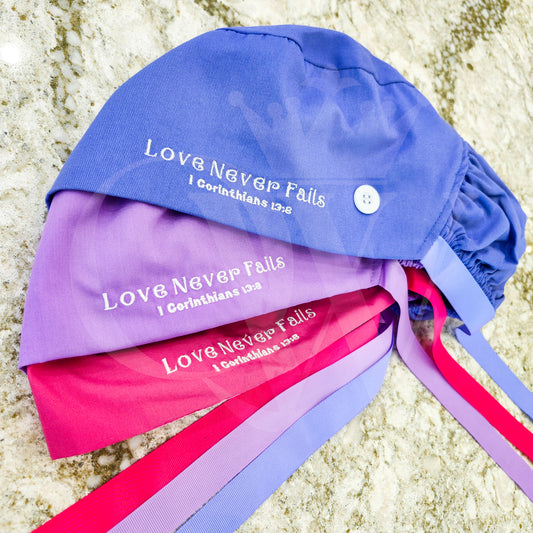 "Love Never Fails" Silk Lining Bonnet Scrub Hats