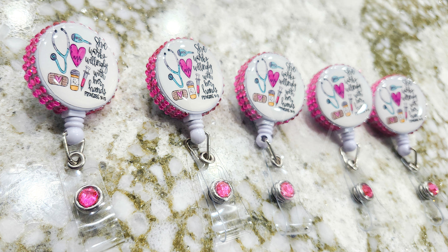 "She Works Willingly With Her Hands" – Rhinestone Badge Reel
