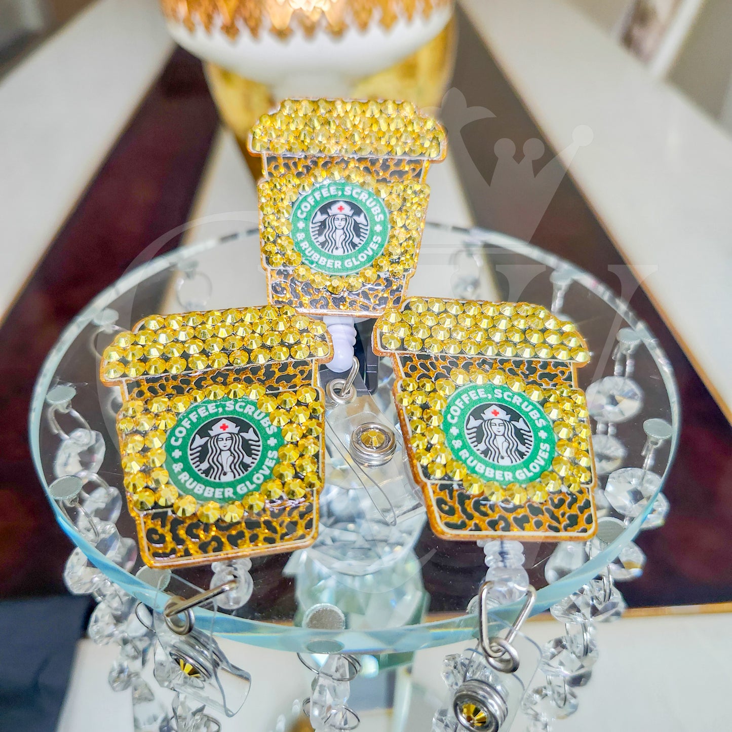 "Coffee, Scrubs & Rubber Gloves"- Gold Rhinestone Badge Holder