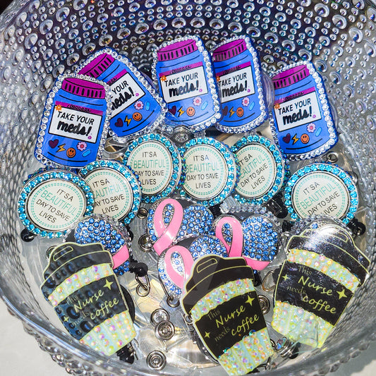 "This Nurse Needs Coffee" - Rhinestone Badge Reel