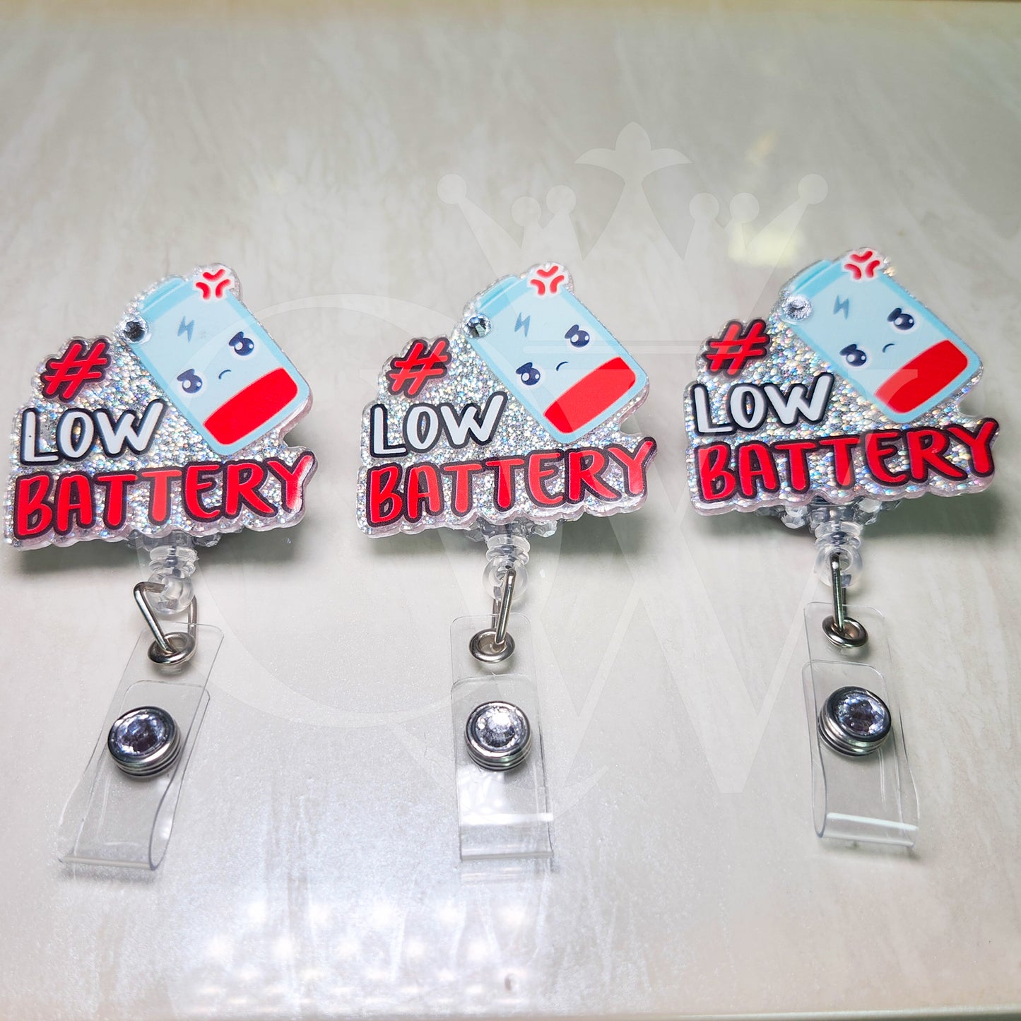 "Low Battery"- Rhinestone Badge Holder