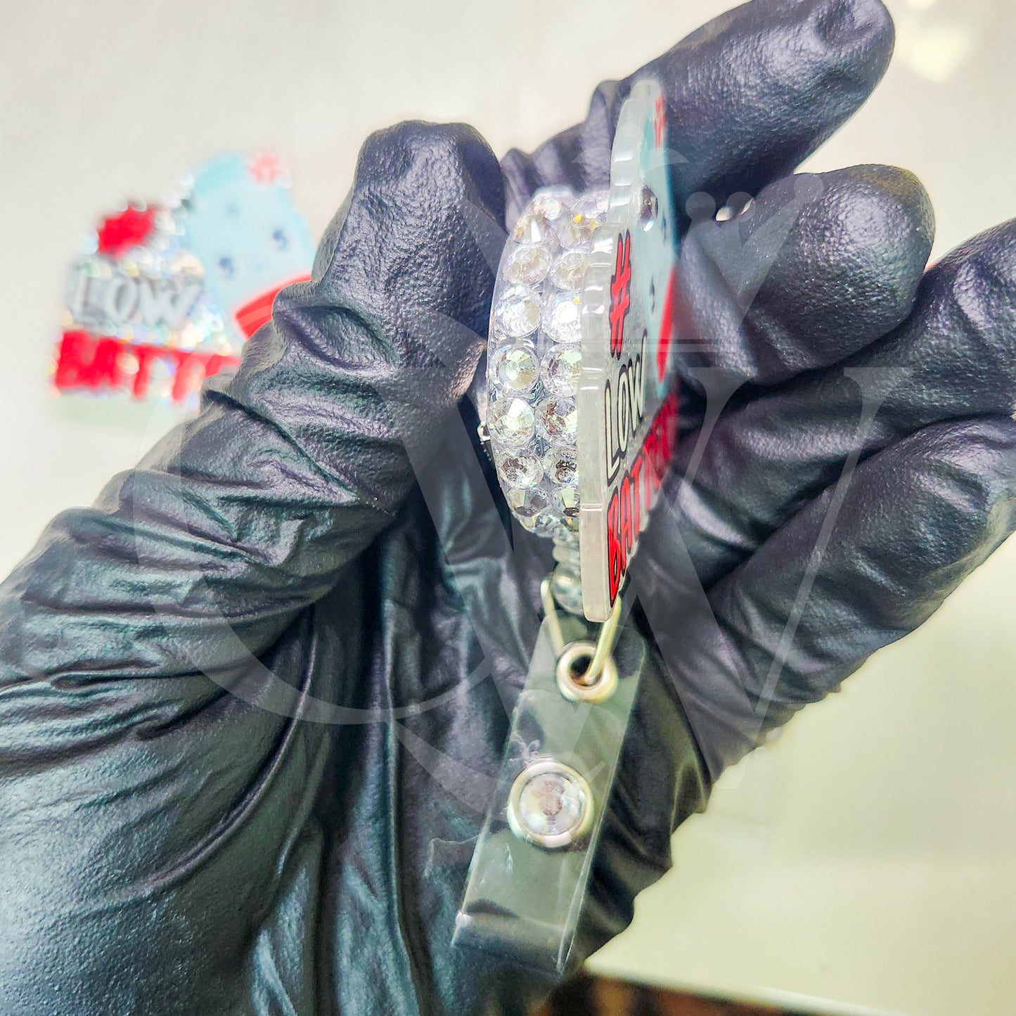 "Low Battery"- Rhinestone Badge Holder