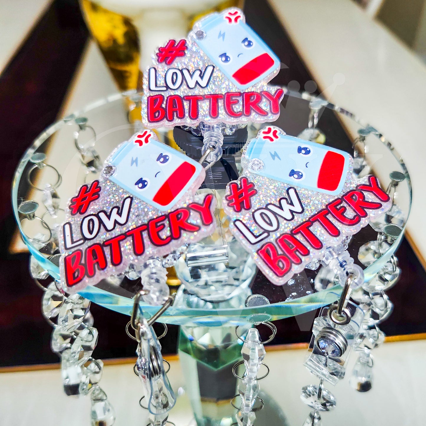 "Low Battery"- Rhinestone Badge Holder