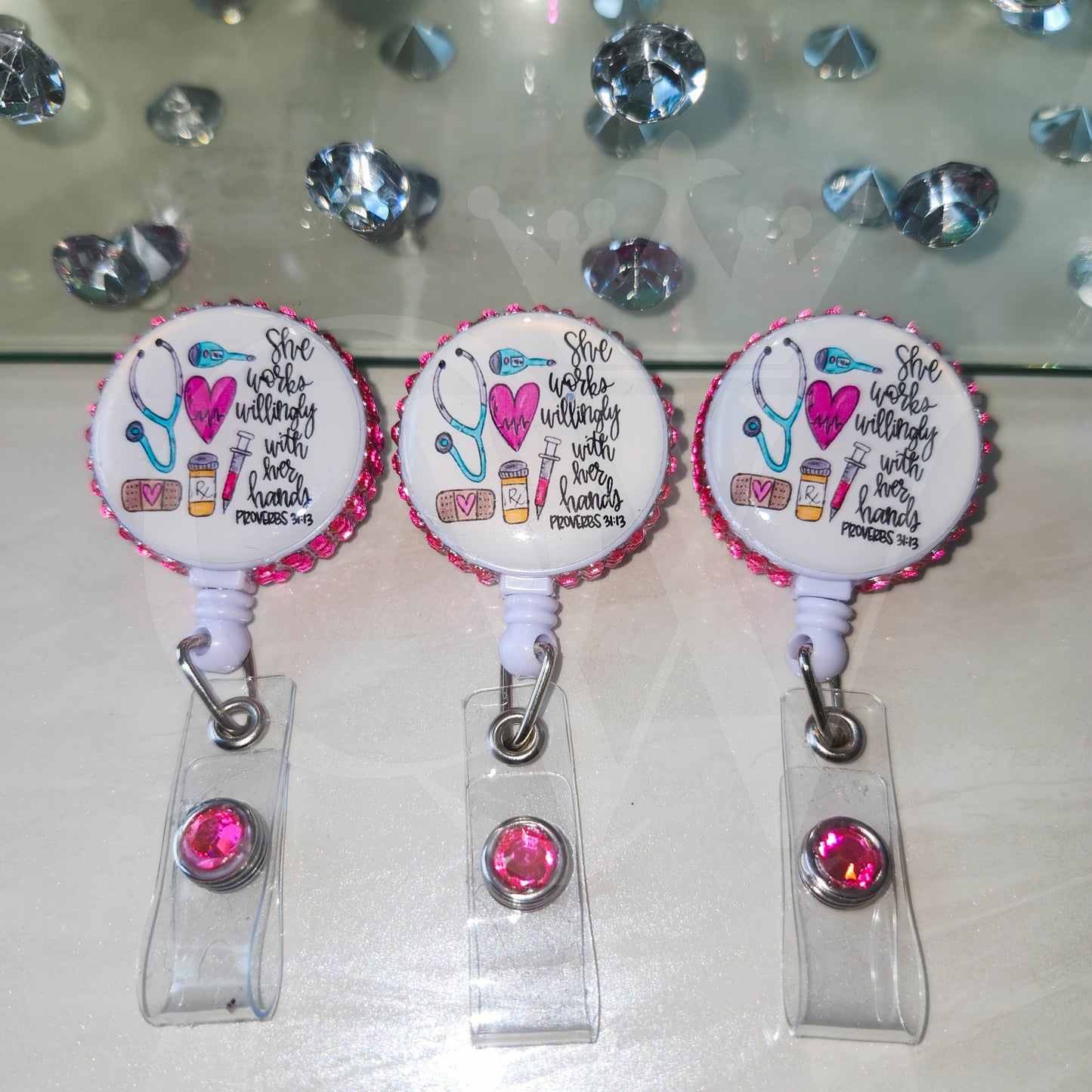 "She Works Willingly With Her Hands" – Rhinestone Badge Reel