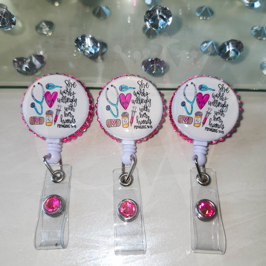 "She Works Willingly With Her Hands" – Rhinestone Badge Reel