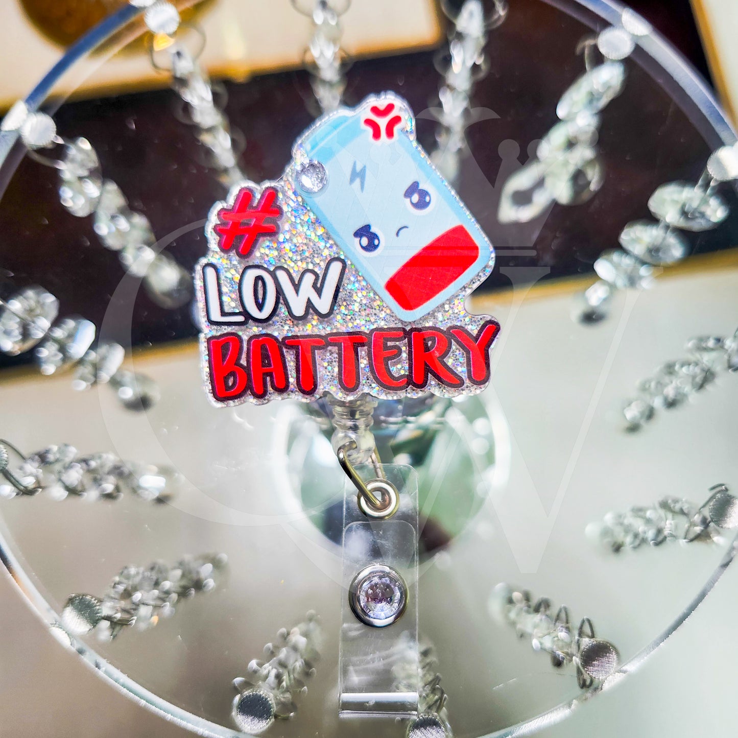 "Low Battery"- Rhinestone Badge Holder