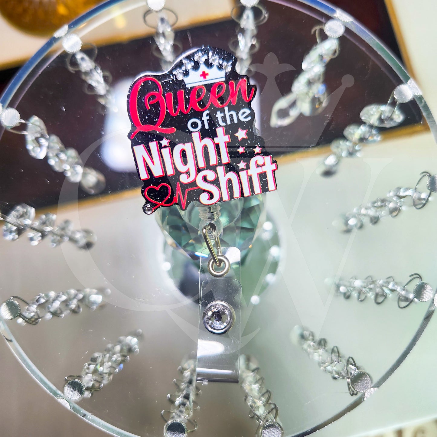 "Queen of the Night Shift"- Rhinestone Badge Holder