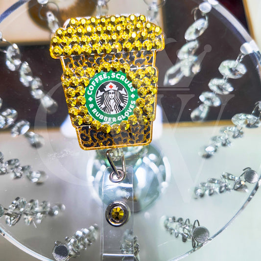 "Coffee, Scrubs & Rubber Gloves"- Gold Rhinestone Badge Holder