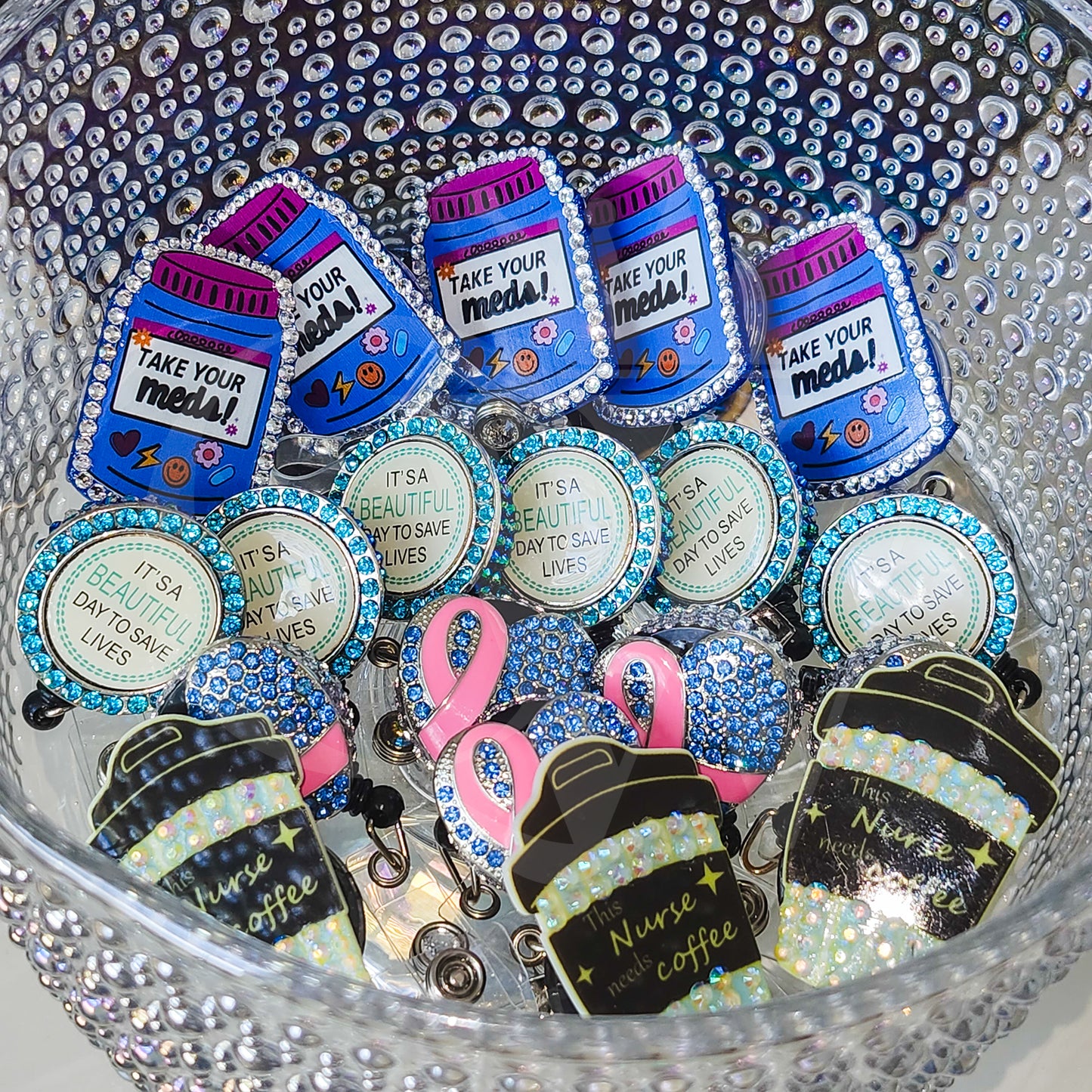 "Take Your Meds" - Rhinestone Badge Reels