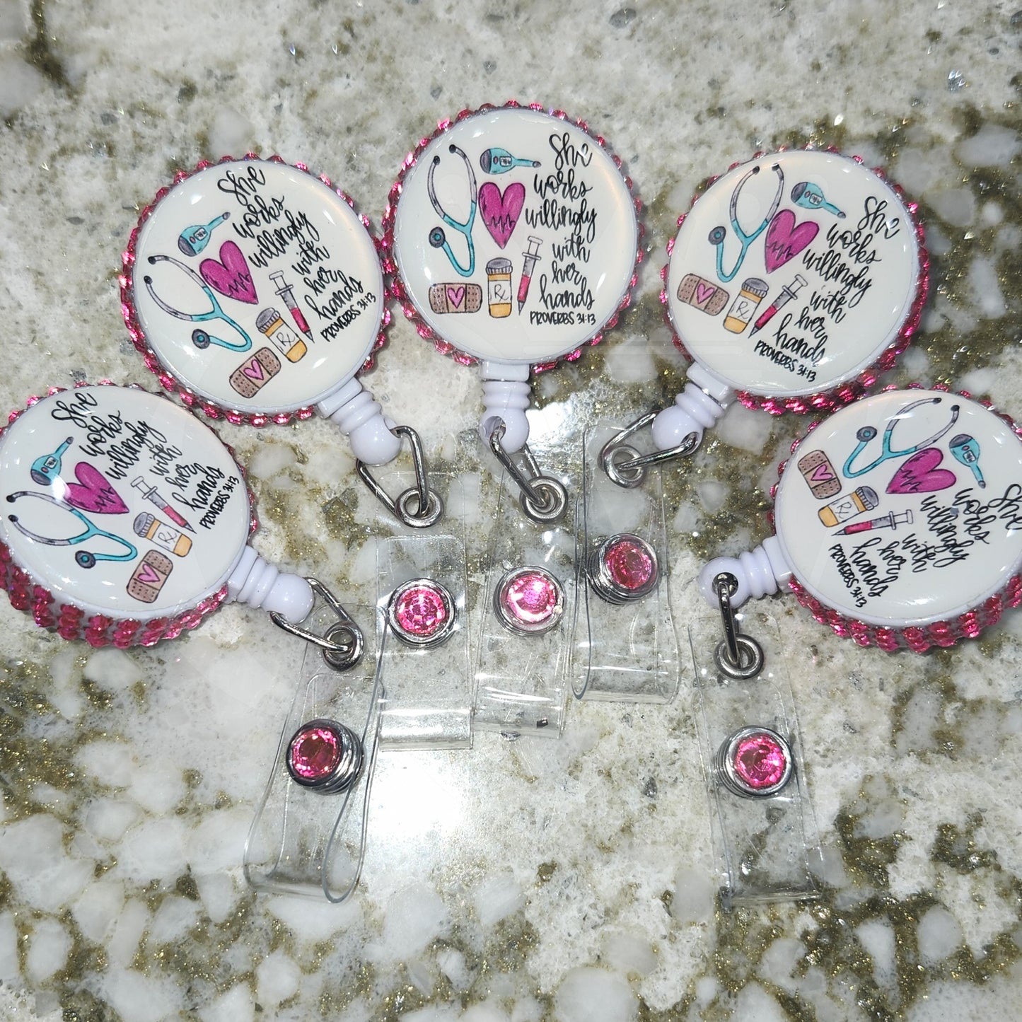 "She Works Willingly With Her Hands" – Rhinestone Badge Reel