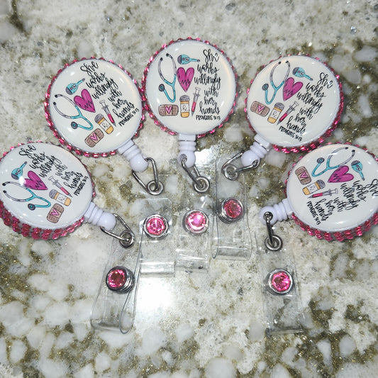 "She Works Willingly With Her Hands" – Rhinestone Badge Reel