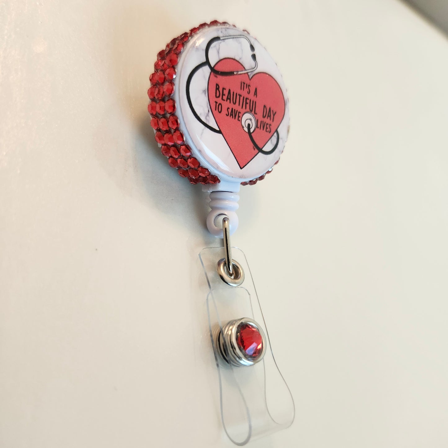 "It's a Beautiful Day to Save Lives" -  Rhinestone Badge Reel