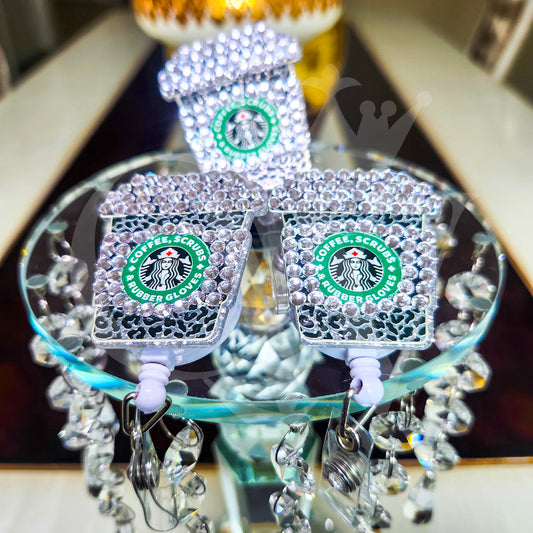 "Coffee, Scrubs & Rubber Gloves"- Silver Rhinestone Badge Holder