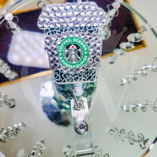 "Coffee, Scrubs & Rubber Gloves"- Silver Rhinestone Badge Holder